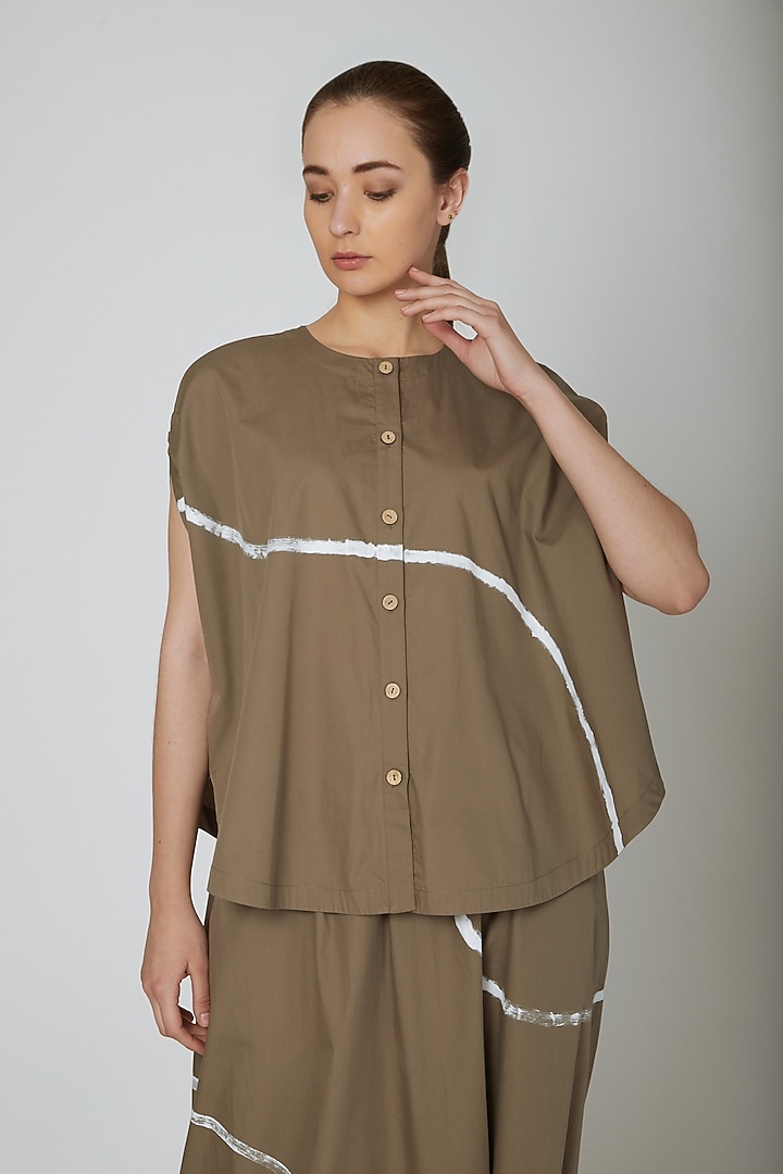 Brown Circular Cut Shirt With Buttons by Ritesh Kumar at Pernia's Pop Up Shop