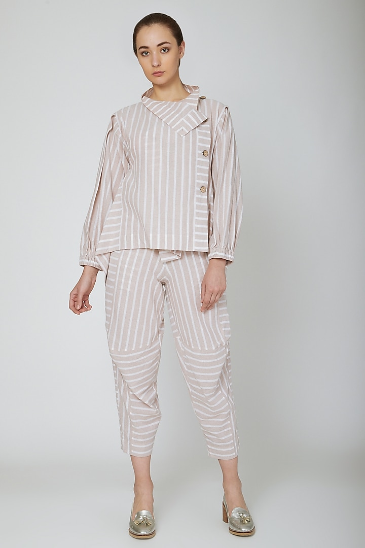 White Engineered Cropped Pants With Stripes by Ritesh Kumar
