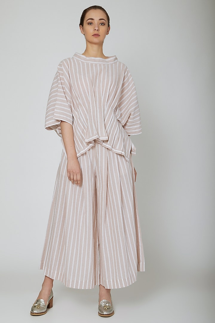 White Striped Wide Pants With Pleats by Ritesh Kumar