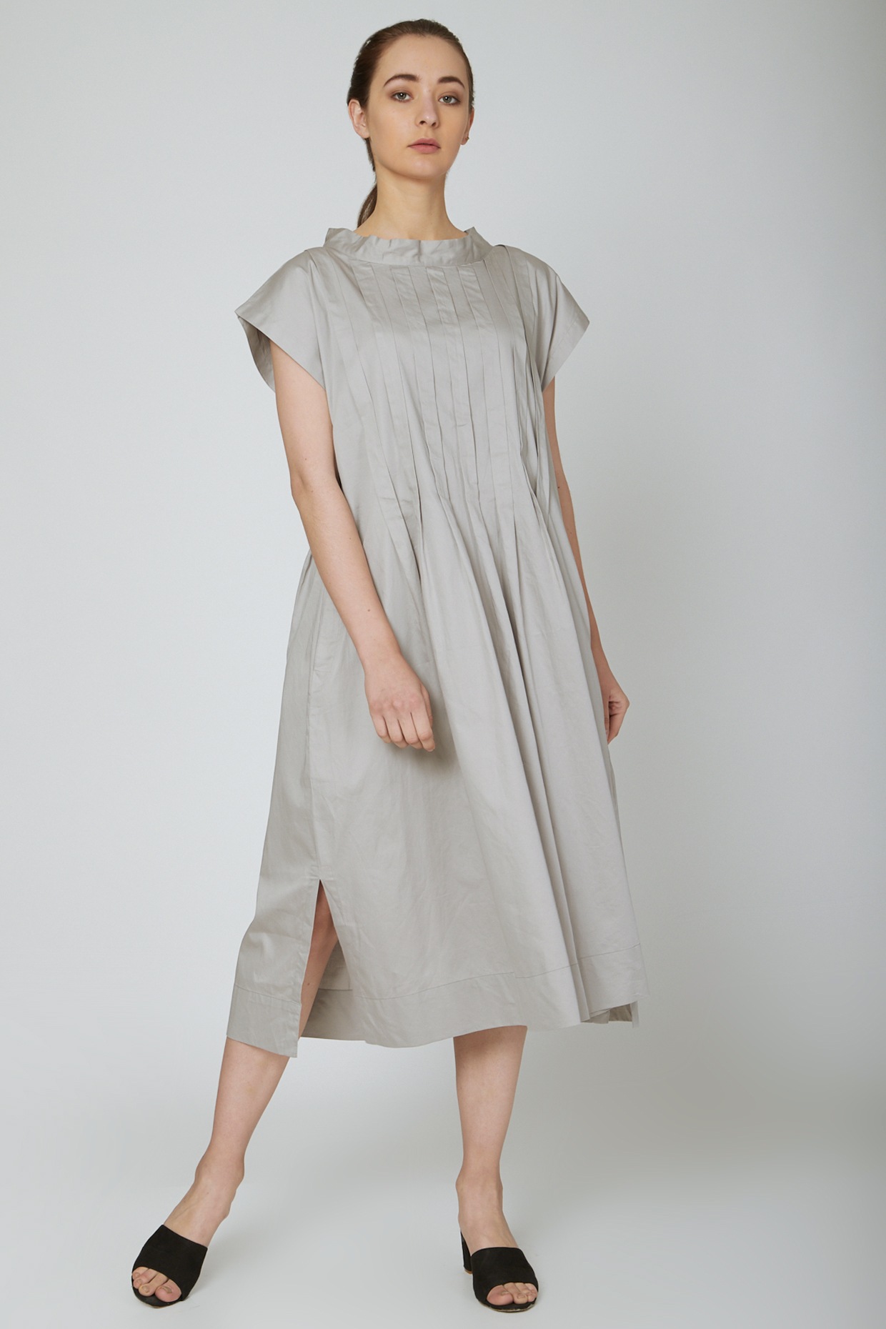 grey pleated midi dress