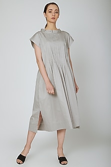 Grey Pleated Midi Dress Design by Ritesh Kumar at Pernia's Pop Up Shop 2024