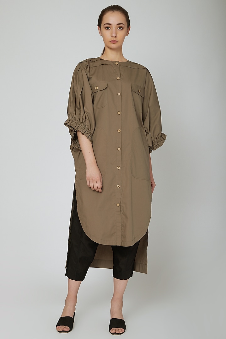 Brown Shirt Dress With Pockets by Ritesh Kumar