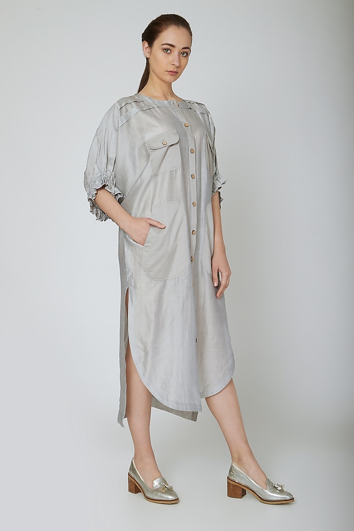 Grey Shirt Dress With Pockets by Ritesh Kumar