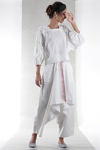 White Tie-Dye Draped Pants by Ritesh Kumar