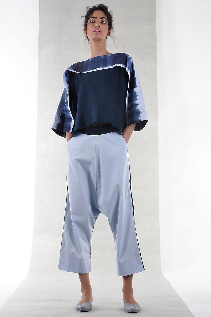 Navy Blue Low Crotch Cropped Pants by Ritesh Kumar at Pernia's Pop Up Shop