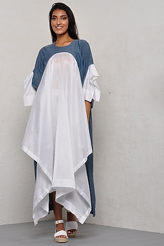 White & Indigo Cotton Shirt Dress by Ritesh Kumar