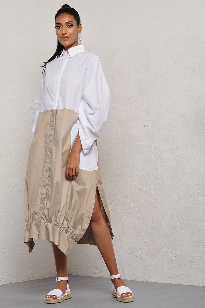 White & Sandy Beige Cotton Shirt Dress by Ritesh Kumar