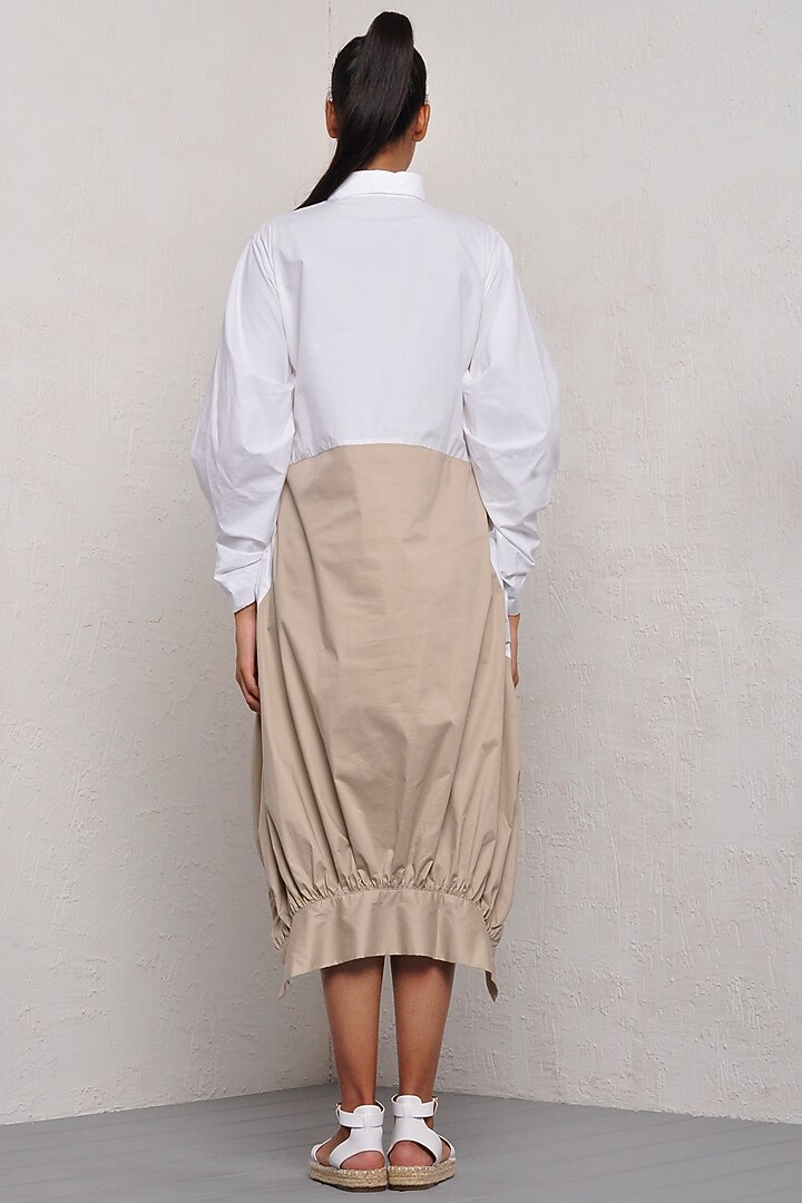 White & Sandy Beige Cotton Vacation Shirt Dress by Ritesh Kumar at Pernia's Pop Up Shop