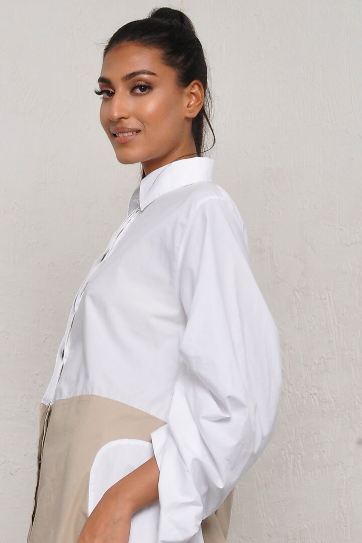 White & Sandy Beige Cotton Vacation Shirt Dress by Ritesh Kumar at Pernia's Pop Up Shop