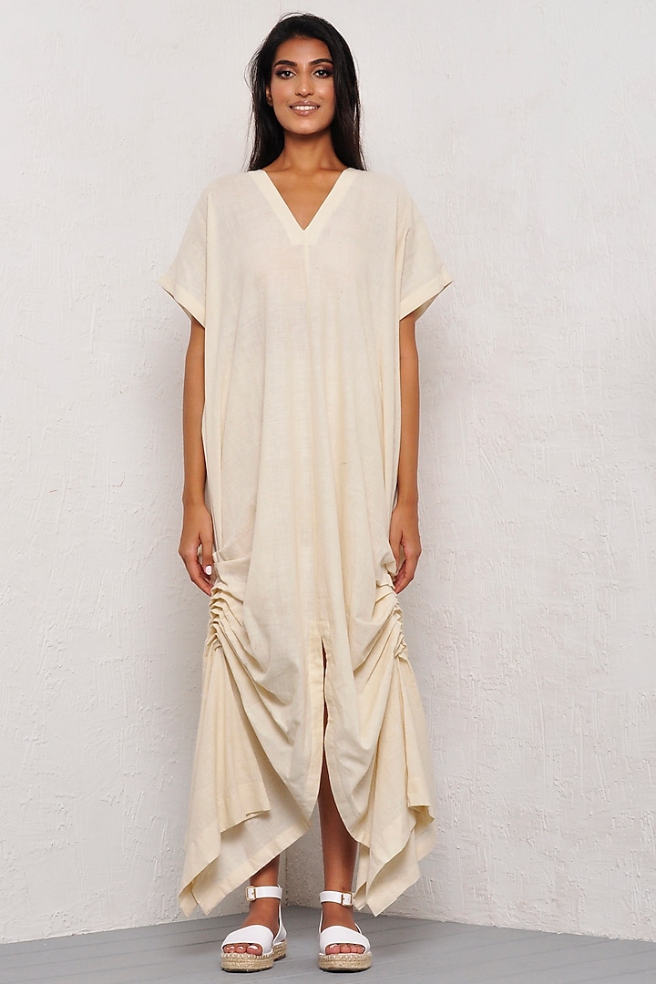 Ivory Khadi Cotton Pleated Dress by Ritesh Kumar