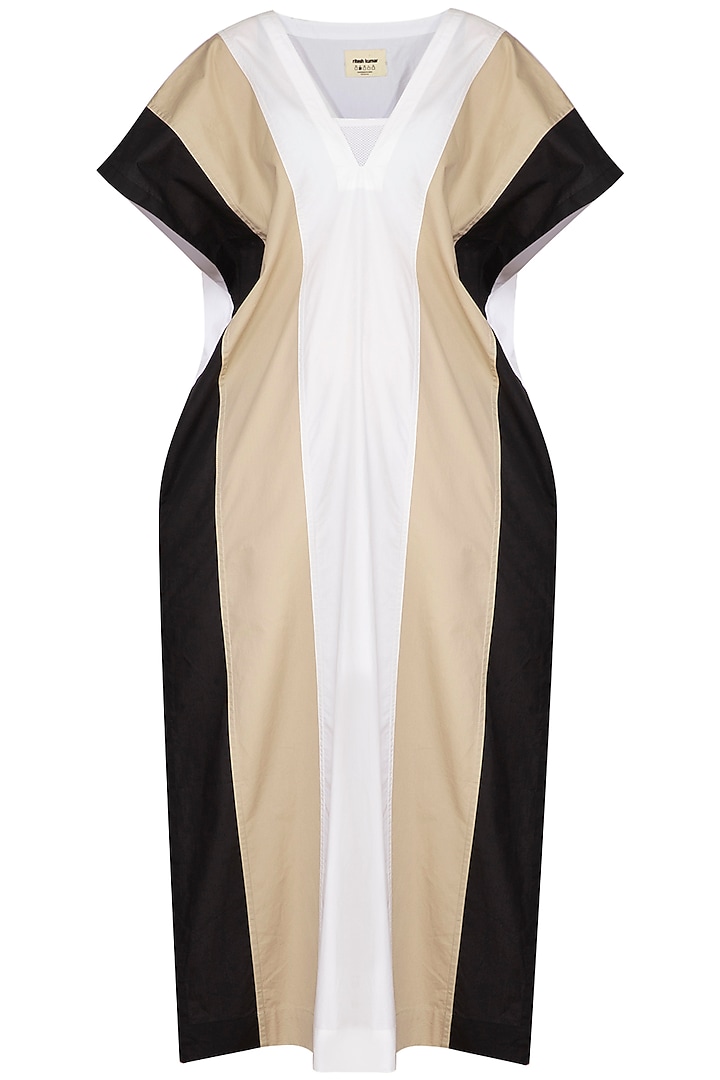 Beige & White Color Blocked Kaftan Summer Dress  by Ritesh Kumar at Pernia's Pop Up Shop