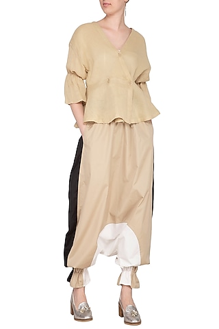 Beige & White Color Blocked Harem Pants  by Ritesh Kumar