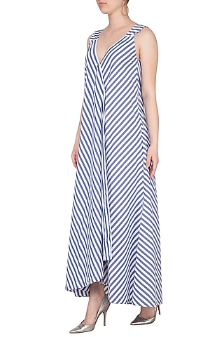 Blue & White Striped Wrap Maxi Dress by Ritesh Kumar