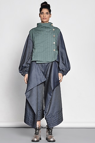 Emerald Green Wrap Jacket With Color Blocking by Ritesh Kumar