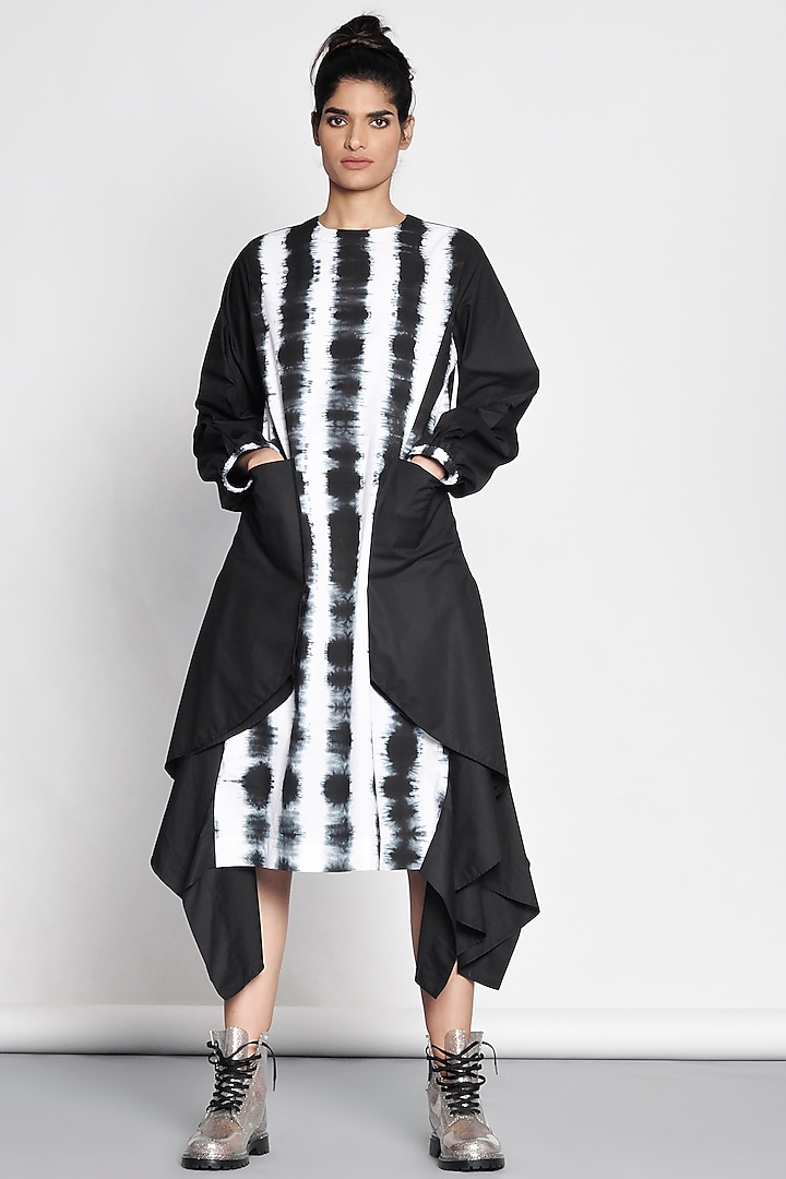 Black & White Dress With Draped Pockets by Ritesh Kumar