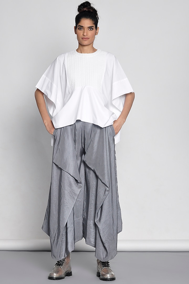 Silver Draped Silk Pants by Ritesh Kumar