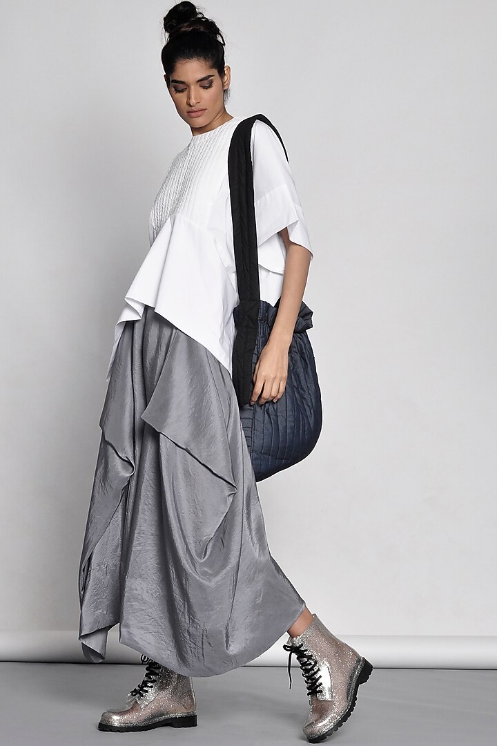 Silver Draped Silk Pants by Ritesh Kumar at Pernia's Pop Up Shop