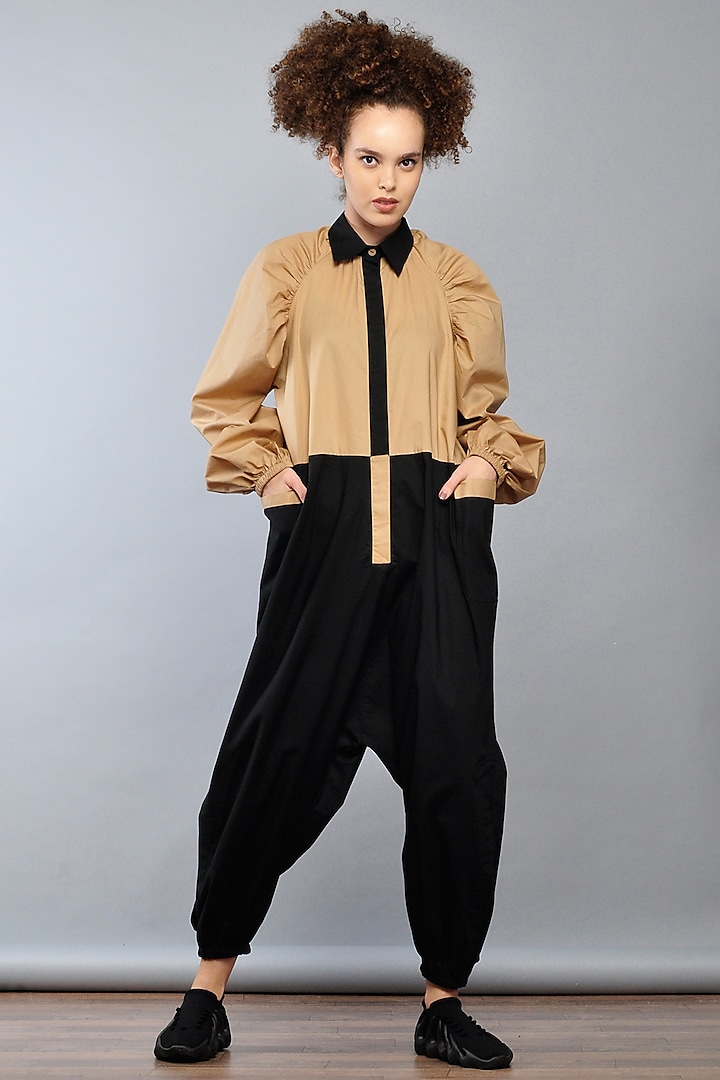 Caramel Cotton Bi-colored Jumpsuit by Ritesh Kumar at Pernia's Pop Up Shop