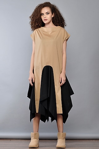 Caramel Cotton Peplum Dress by Ritesh Kumar