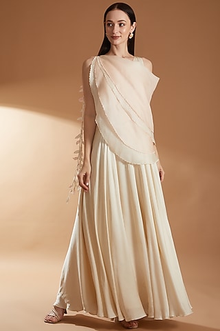 Pink Modal Satin & Organza Ruffled Gown by RICHA KHEMKA
