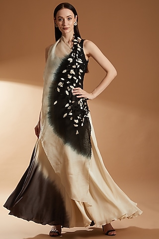 Black & Ivory Modal Satin & Organza Skirt Set by RICHA KHEMKA
