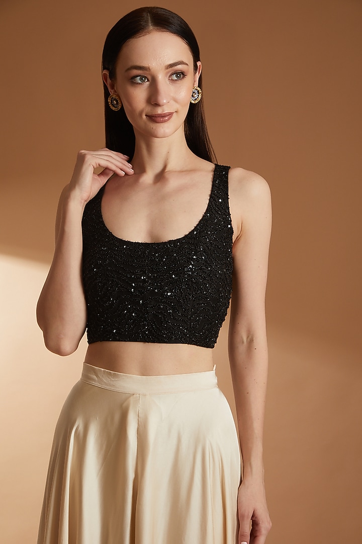 Black & Ivory Modal Satin & Organza Skirt Set by RICHA KHEMKA at Pernia's Pop Up Shop