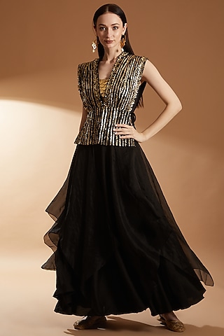 Black Bemberg Silk & Organza Jacket Set by RICHA KHEMKA