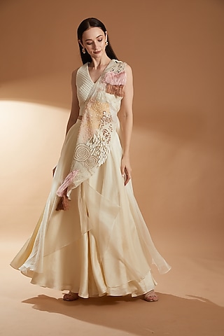 Beige Bemberg Silk & Organza Skirt Set by RICHA KHEMKA