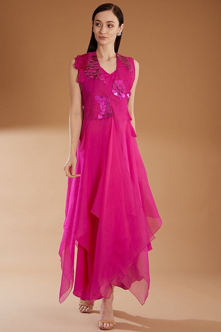 Hot Pink Organza Embroidered Jacket Dress by RICHA KHEMKA