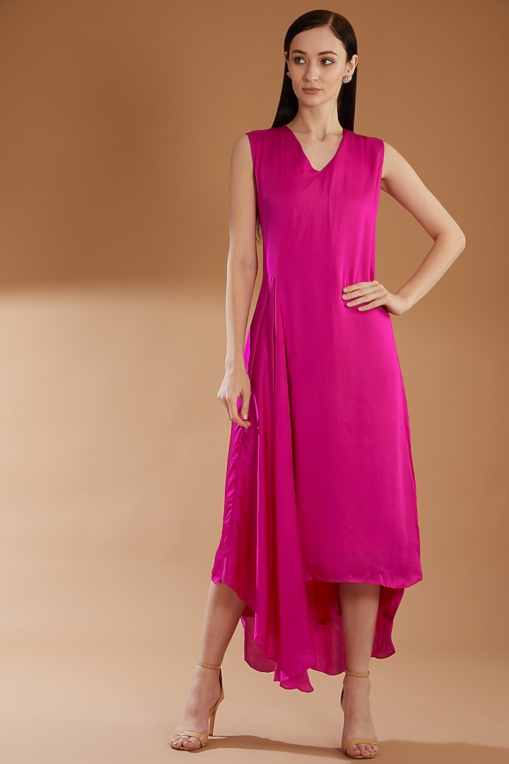 Hot Pink Organza Embroidered Jacket Cocktail Dress by RICHA KHEMKA at Pernia's Pop Up Shop
