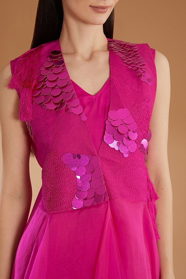 Hot Pink Organza Embroidered Jacket Cocktail Dress by RICHA KHEMKA at Pernia's Pop Up Shop