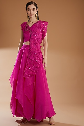 Hot Pink Organza Skirt Set by RICHA KHEMKA