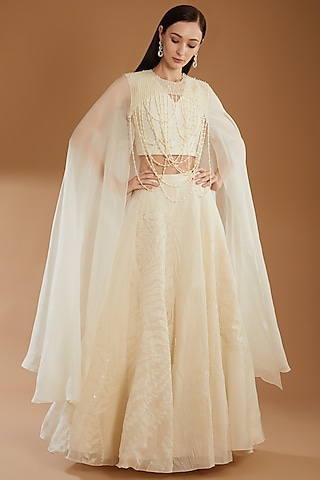Beige Organza Embroidered Lehenga Set by RICHA KHEMKA