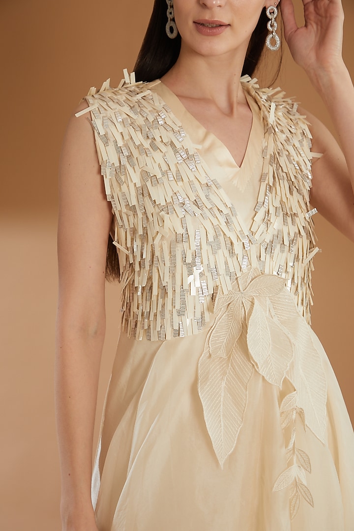 Beige Organza Tassel Jacket Vacation Dress by RICHA KHEMKA at Pernia's Pop Up Shop