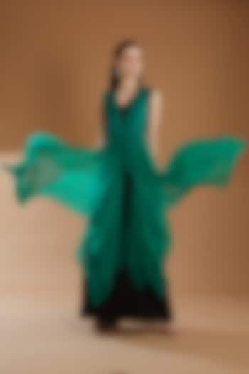 Emerald Green Organza Embroidered Jacket With Jumpsuit by RICHA KHEMKA
