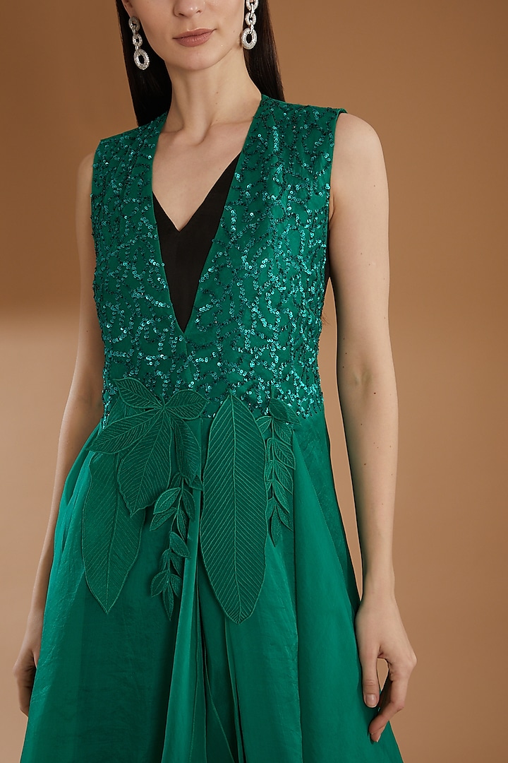 Emerald Green Organza Embroidered Jacket With Jumpsuit by RICHA KHEMKA at Pernia's Pop Up Shop