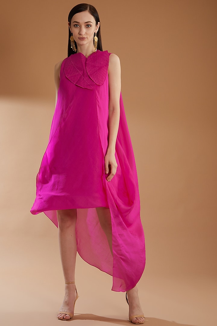 Hot Pink Organza & Cotton Lycra High-Low Dress by RICHA KHEMKA