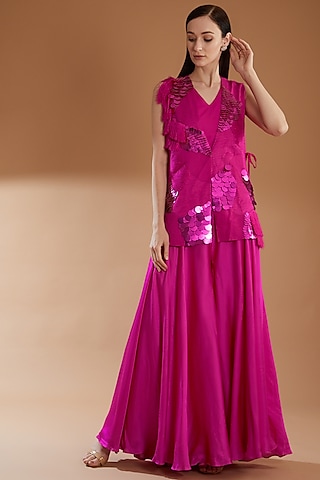Hot Pink Bemberg Silk & Taffeta Sharara Set by RICHA KHEMKA