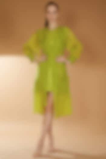 Lime Green Organza Embroidered Jacket Dress by RICHA KHEMKA