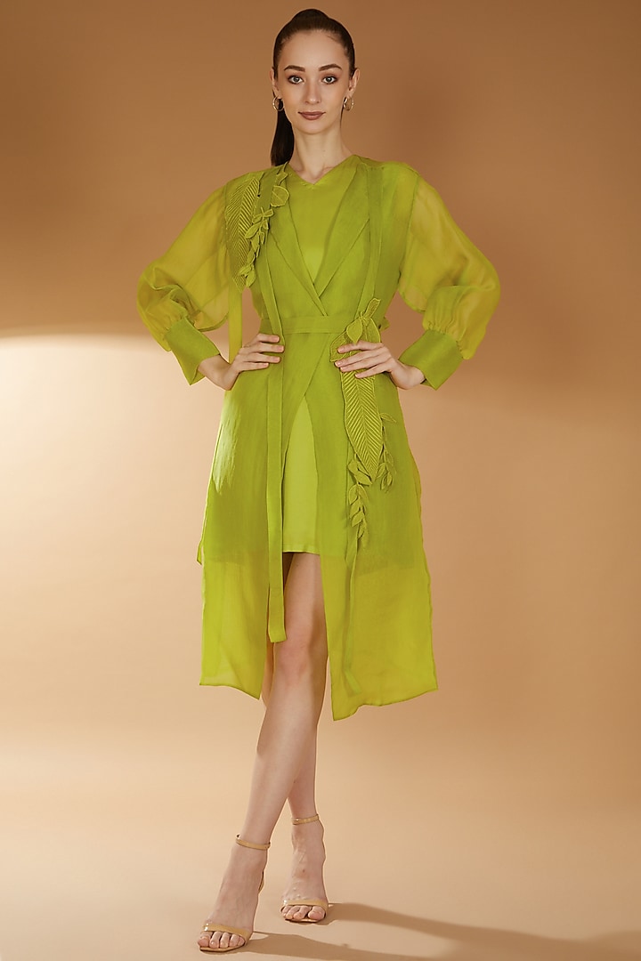 Lime Green Organza Embroidered Jacket Dress by RICHA KHEMKA