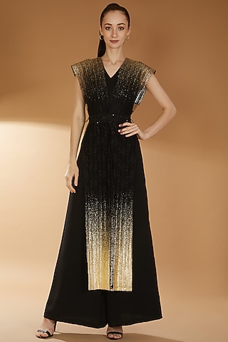 Black Scuba & Georgette Twill Shimmer Jumpsuit by RICHA KHEMKA