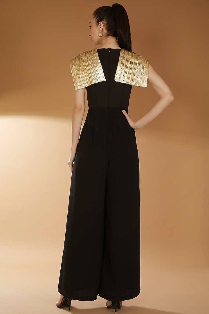 Black Scuba & Georgette Twill Shimmer Jumpsuit by RICHA KHEMKA at Pernia's Pop Up Shop