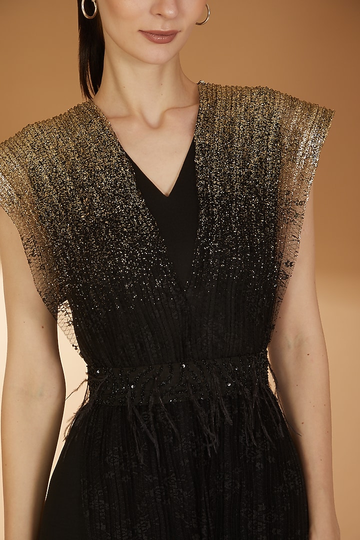 Black Scuba & Georgette Twill Shimmer Jumpsuit by RICHA KHEMKA at Pernia's Pop Up Shop