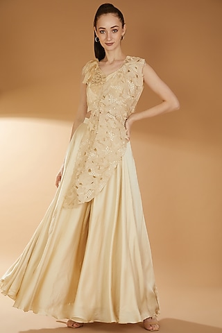 Ivory Organza & Modal Satin Sharara Pants by RICHA KHEMKA