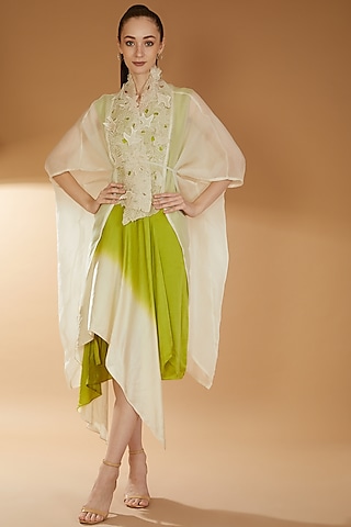 Beige & Lime Green Organza & Modal Satin Embroidered Kaftan Dress by RICHA KHEMKA