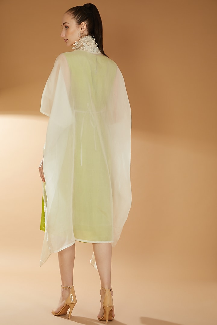 Beige & Lime Green Organza & Modal Satin Embroidered Kaftan Vacation Dress by RICHA KHEMKA at Pernia's Pop Up Shop