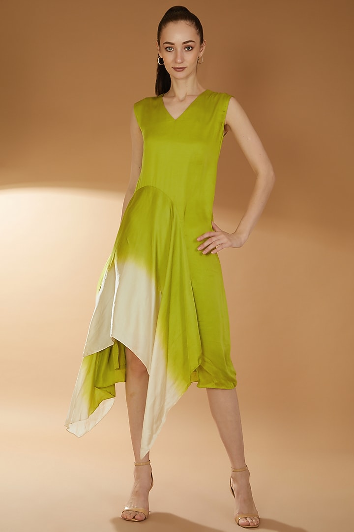 Beige & Lime Green Organza & Modal Satin Embroidered Kaftan Vacation Dress by RICHA KHEMKA at Pernia's Pop Up Shop