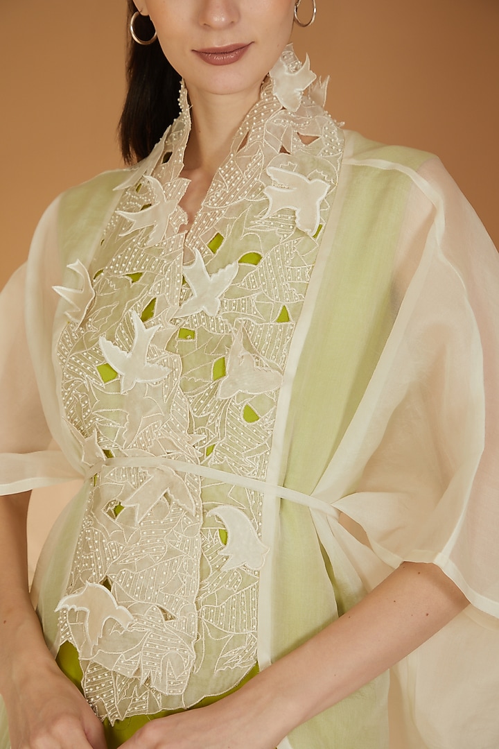 Beige & Lime Green Organza & Modal Satin Embroidered Kaftan Vacation Dress by RICHA KHEMKA at Pernia's Pop Up Shop