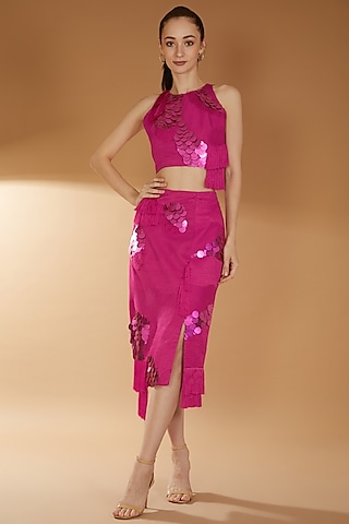 Hot Pink Bamberg Silk & Taffeta Skirt Set by RICHA KHEMKA