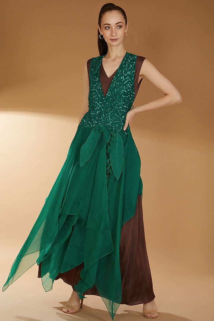 Emerald Green Organza Embroidered Jacket With Jumpsuit by RICHA KHEMKA